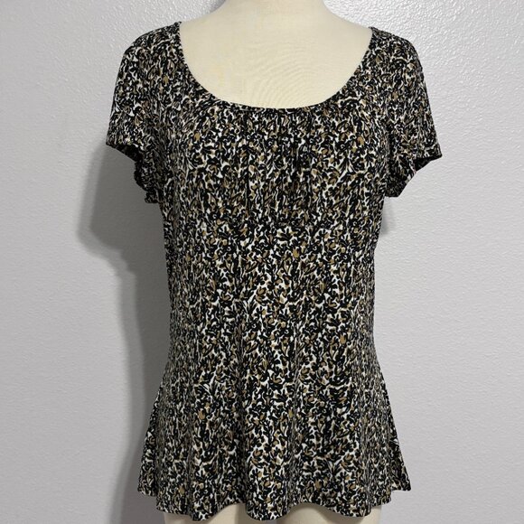 Van Heusen Black Tan White Floral Print Short Sleeve Top L Made in USA Stretch - Picture 2 of 11